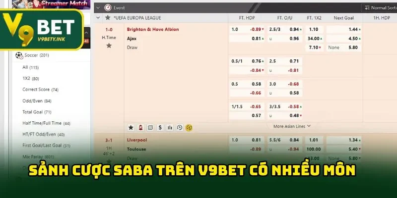 Sảnh cược Saba trên V9BET có nhiều môn